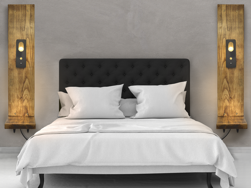 black bedside reading lamps with USB port and a wooden shelf.