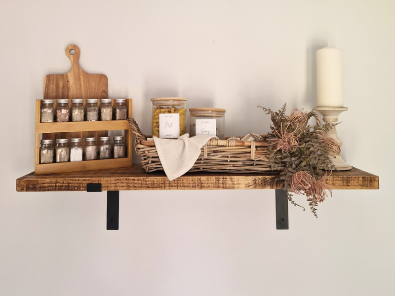 Industrial style wooden shelf with scaffold, heavy duty brackets.