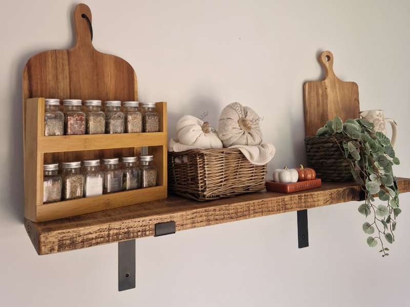 farmhouse wooden shelves with lipped brackets.