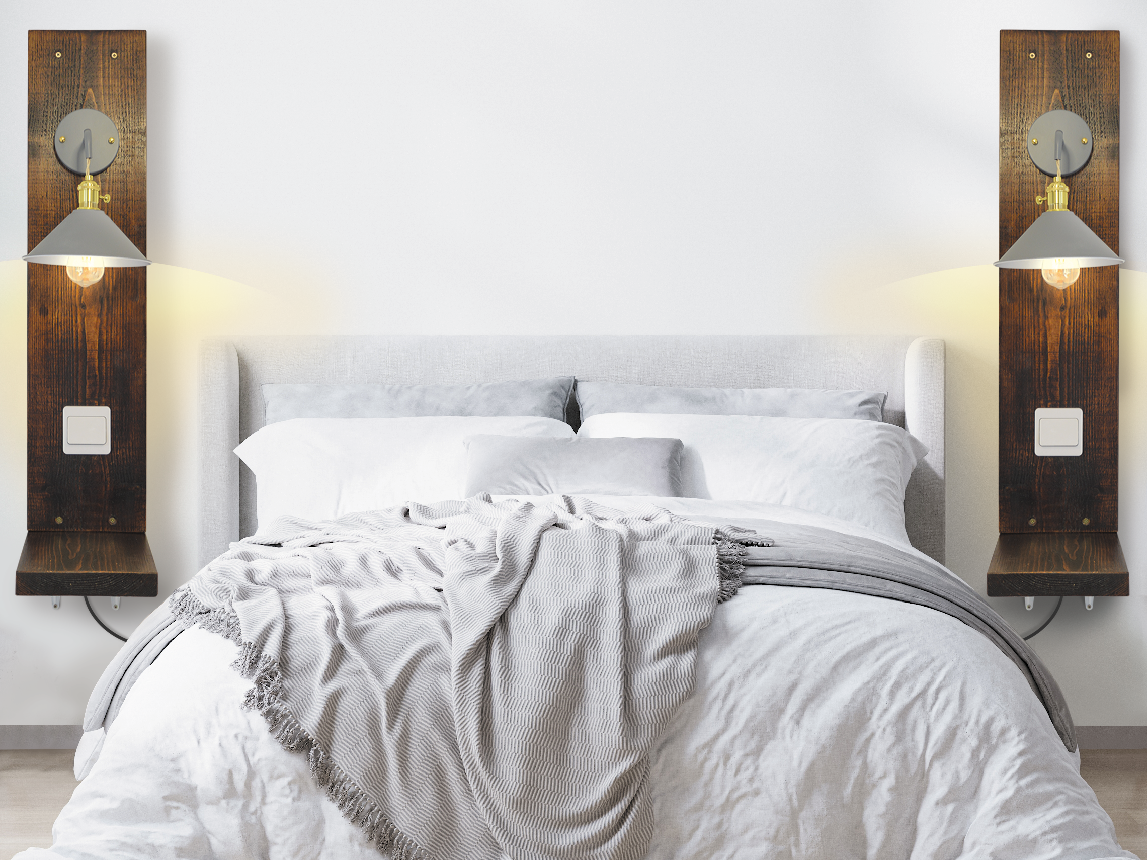 Floating Bedside Table With Grey Lampshade