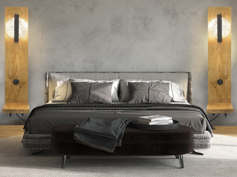 wood nightstand with silver, sparkly bedside lamps.