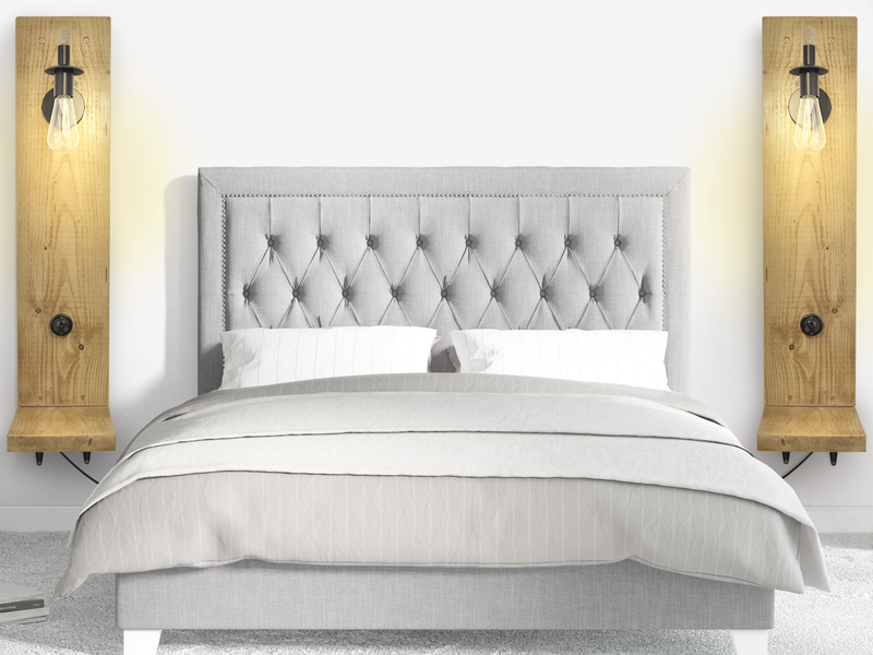 Nautical style light fitting on an industrial style wooden shelf.