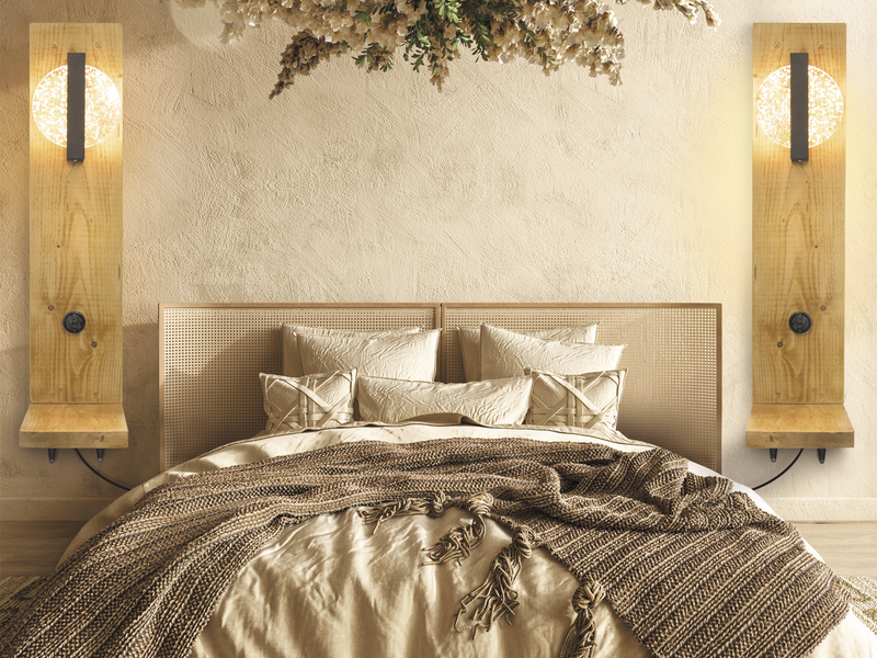 gold lamp bedside unit featuring a wooden nightstand and sparkly, gold light.