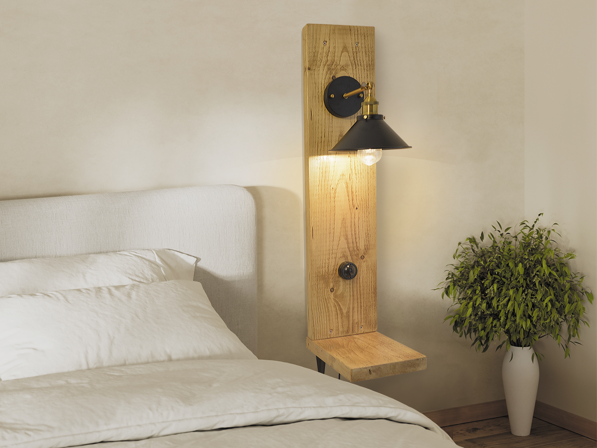 Floating Bedside Table With Black Lampshade