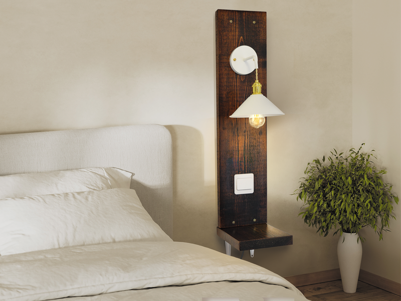 scandinavian style table featuring white and gold lampshades.