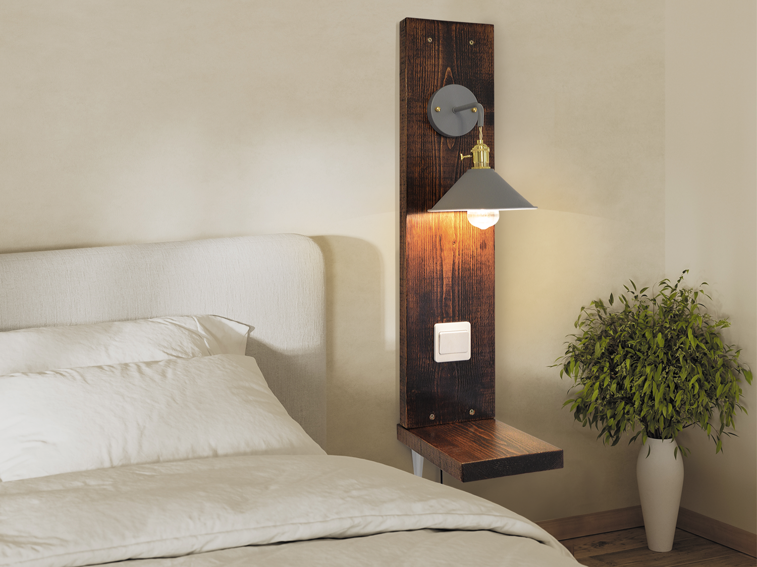 Grey lampshade with a wooden, floating bedside shelf.