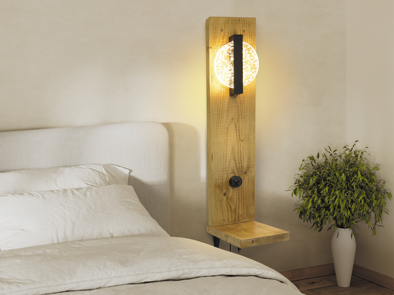 narrow bedside shelf designed for a small bedroom with a modern bedside lamp.