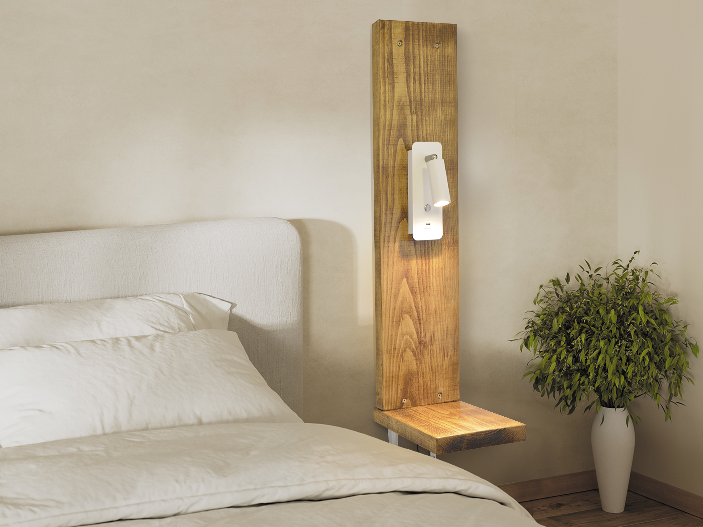 floating nightstand with an adjustable reading light.