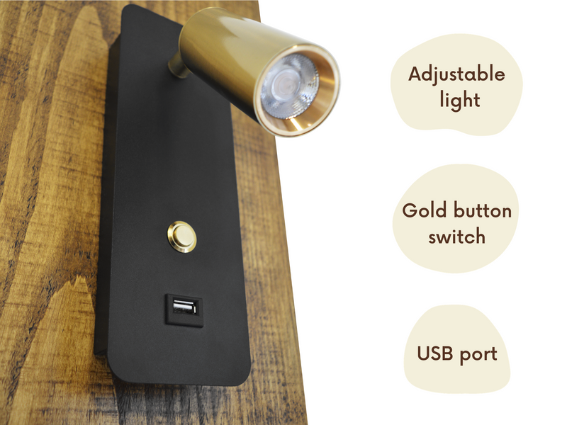 Floating Bedside Table With Black Reading Light & USB - Pheasant Manor Furniture